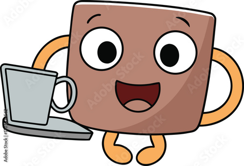 Funny cartoon coffee mug character holding a laptop and drinking coffee for work or study vector