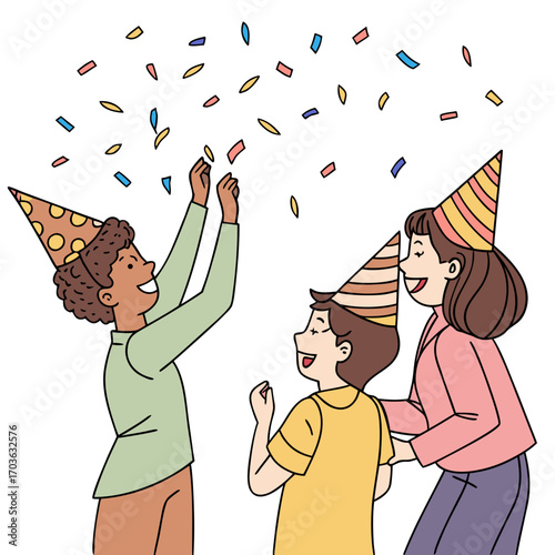 Happy diverse family celebrating a special occasion with confetti and party hats in a joyful moment
