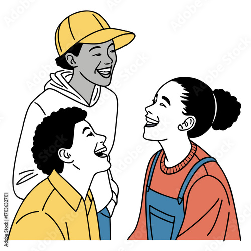 Three diverse friends laughing together in a joyful moment of shared amusement and connection