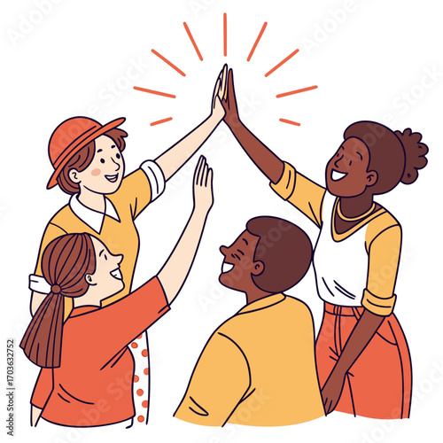 Diverse group of friends and colleagues celebrating success with a high five and joyful expressions