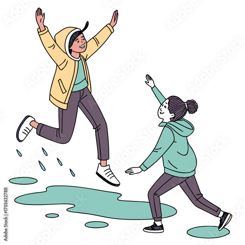 Two joyful children in casual clothing happily jumping and splashing in puddles on a white background