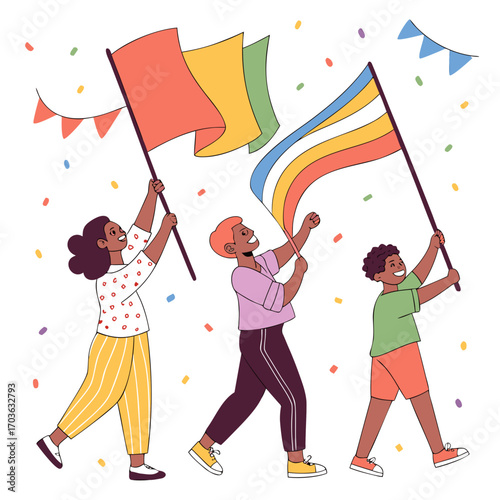 Diverse group of people happily marching together holding colorful flags and celebrating with confetti and bunting