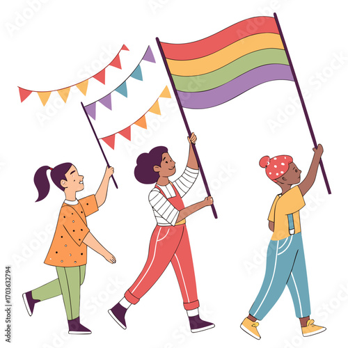Diverse group of children happily marching in a pride parade holding rainbow flag and colorful bunting flags