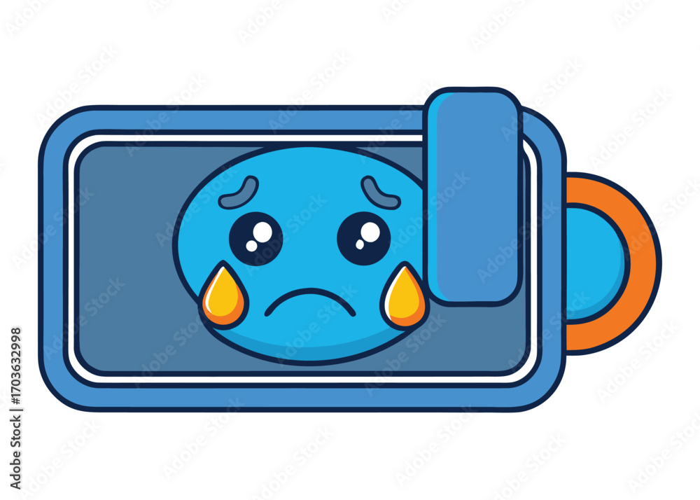 Naklejka premium Funny cartoon low battery icon sad crying face expressing empathy for device power issues vector