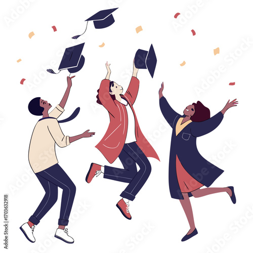 Diverse group of happy graduates in caps and gowns celebrating with confetti and throwing caps in the air