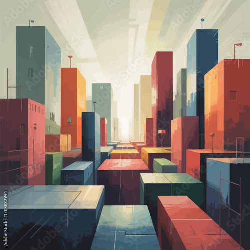 Abstract cityscape with colorful block buildings and a central receding street geometric
