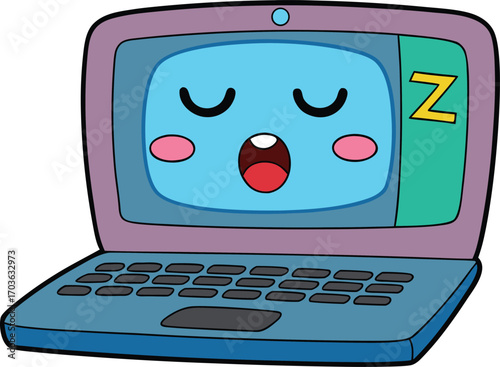 Funny cartoon laptop sleeping soundly with zzz symbols above the screen vector