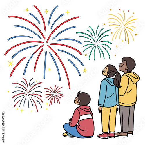 Diverse group of children and teenagers watching colorful fireworks display in the night sky