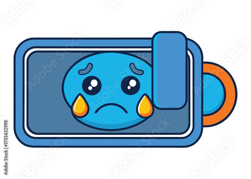 Funny cartoon low battery icon sad crying face expressing empathy for device power issues vector