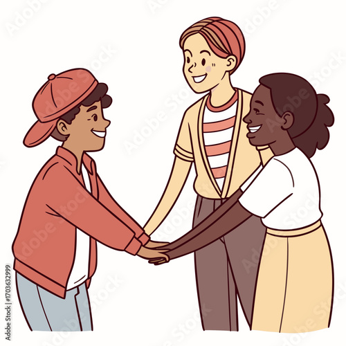 Diverse group of three young friends smiling and holding hands together in a gesture of unity and friendship