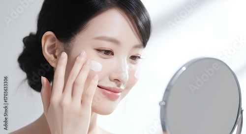 鏡を見ながら頬にクリーム塗る女性