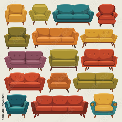 Assorted mid-century modern sofas and armchairs in a colorful arrangement couch furniture