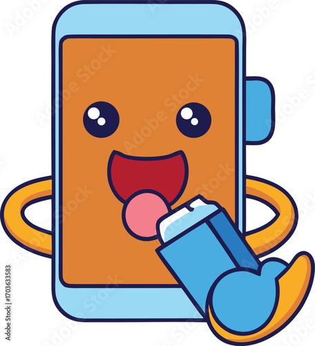 Funny cartoon smartphone battery icon eating food symbolizing digital power and energy consumption humor vector