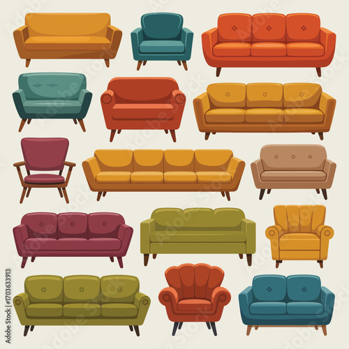 Assortment of mid-century modern sofas and armchairs in vibrant colors couch furniture