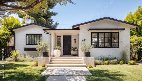 Modern Craftsman house with white exterior, black trim, and a covered porch