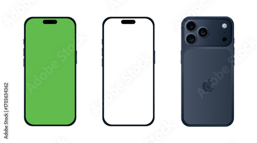 Mockup of an iPhone 17 Pro Max, in deep blue color. iPhone screen mockup with green screen on the front, transparent, and phone back