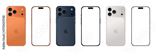 Mockup of an iPhone 17 Pro Max, in all color. iPhone screen mockup with green screen on the front, transparent, and phone back with orange, deep blue and silver.	
