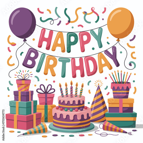 Birthday Party Scene with Balloons Gifts Cake and Confetti Keywords: birthday, celebration, happy