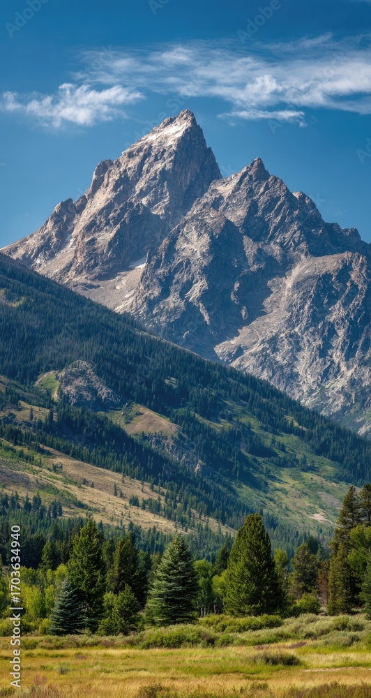 Fototapeta premium Majestic mountain peak with snow, green valley & blue sky. Forest in foreground