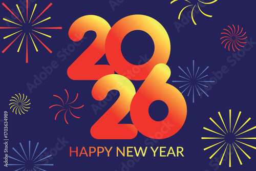 Design for celebrating the Happy New Year 2026. postcard template with fireworks and on a blue background	
