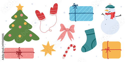 Set of christmas and new year elements, set of Christmas icon flat vector illustration tree, gift, snowman, candy, bows mittens and a sock