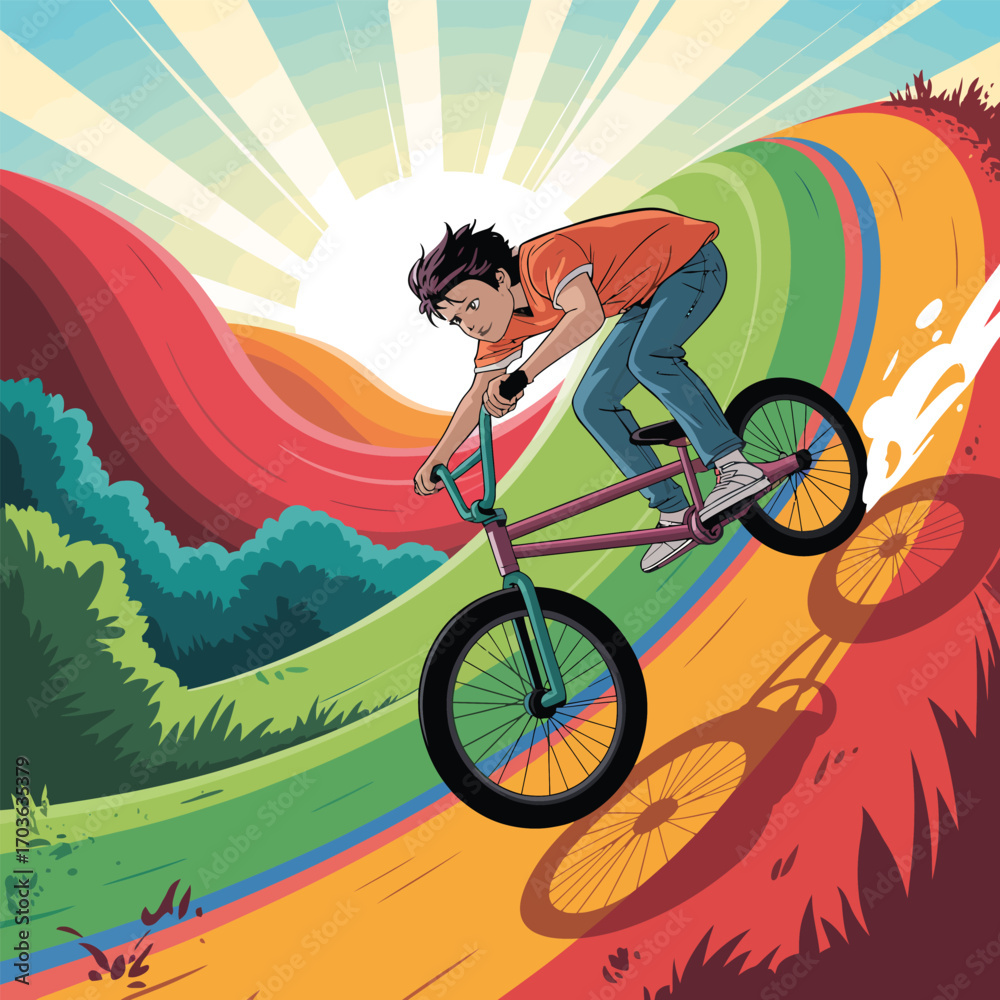 Naklejka premium Boy on aBMX bike riding down a colorful, wavy landscape with trees child