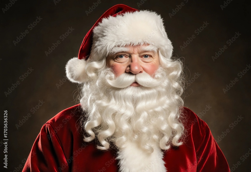 Naklejka premium A cheerful Santa Claus poses with a bright smile, wearing a traditional red suit with fluffy white trim, embodying the spirit of Christmas and New Year celebrations Generative AI
