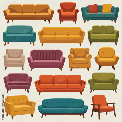 Collection of retro style sofas and armchairs in various colors couch furniture
