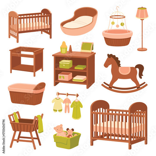 Collection of Wooden Baby Furniture and Toys Including Cribs and Rocking Horse Keywords: baby