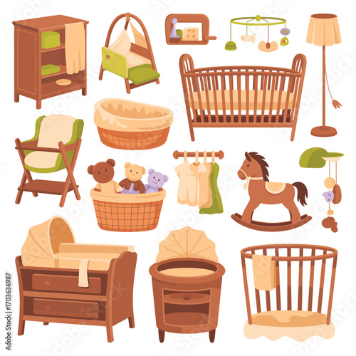 Collection of wooden baby nursery furniture and toys on white background crib cradle