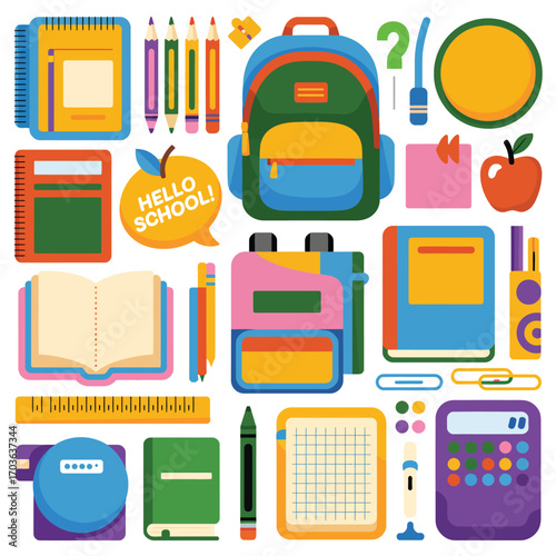 Colorful collection of school supplies and stationery items education backpack