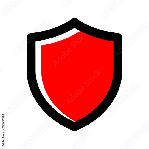 Vibrant red shield icon with a bold black outline, a classic symbol for security, protection, and defense, isolated on a white background for easy use
