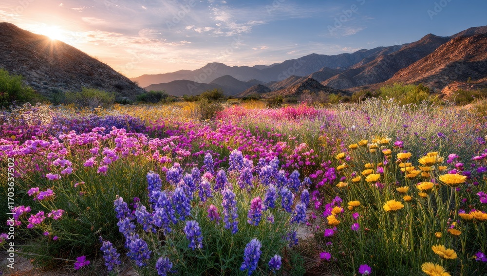 Obraz premium Vibrant wildflowers carpet a desert valley at sunrise, with mountains rising in the background. A golden sun bursts through the clouds, casting warm light on the colorful blossoms
