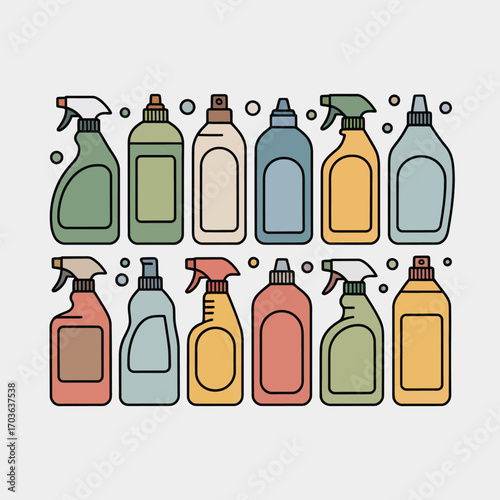 Colorful flat design cleaning spray bottles and containers in rows cleaner detergent