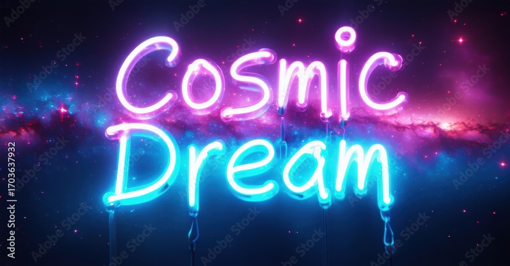 Obraz premium Bright neon sign displays Cosmic Dream against vibrant galaxy backdrop. Colors blend, creating dreamy aesthetic.