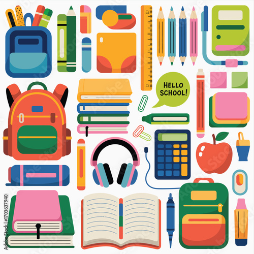 Colorful school supplies and backpacks arranged in a flat design pattern Keywords: school