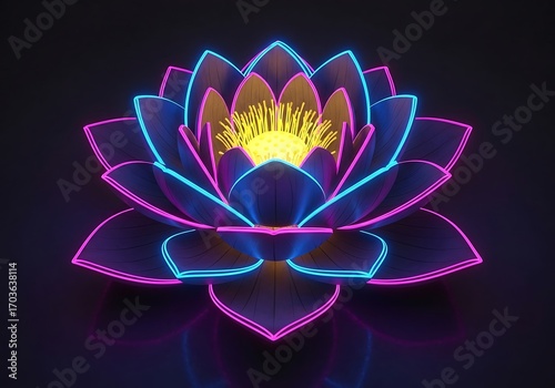 Abstract 3D neon lotus flower glowing in vibrant pink and cyan colors