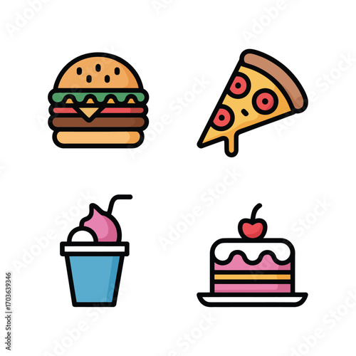 Appetizing fast food icons burgers pizza ice cream sundae cake delicious meal options