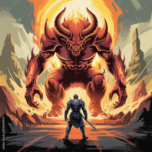 Knight in armor confronts a massive demon with horns and a bright fiery backdrop monster