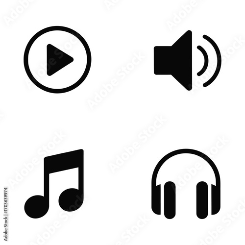 Play button speaker music note headphones icons set for audio and media applications