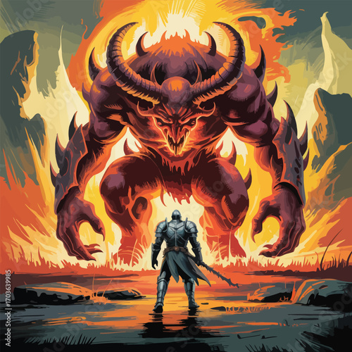 Knight confronts giant demon with fiery background and rocky terrain monster battle