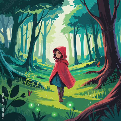 Little girl in red hooded cloak walking through a magical green forest with butterflies