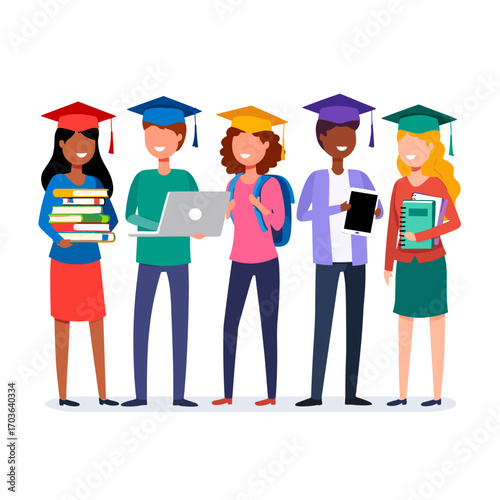 Happy graduates holding books and laptops in colorful cartoon style