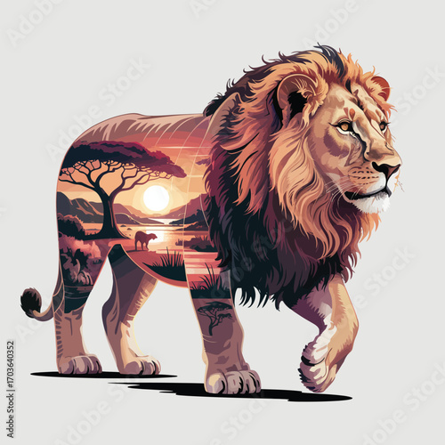 Majestic Lion Silhouette Filled With African Savanna Sunset Landscape Scene animal