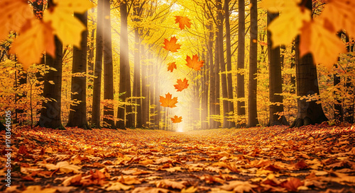 Autumn Pathway: A picturesque woodland scene unfolds as golden leaves descend upon a pathway, illuminated by the sun's radiant rays, capturing the serene beauty of the fall season. 