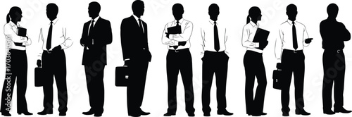 Business professionals standing in line – corporate silhouettes, office team, business attire, leadership concept, teamwork vector illustration