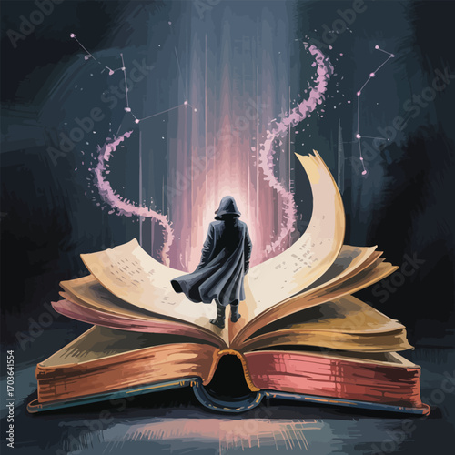 Person in cloak standing on open book with glowing magical energy vector illustration