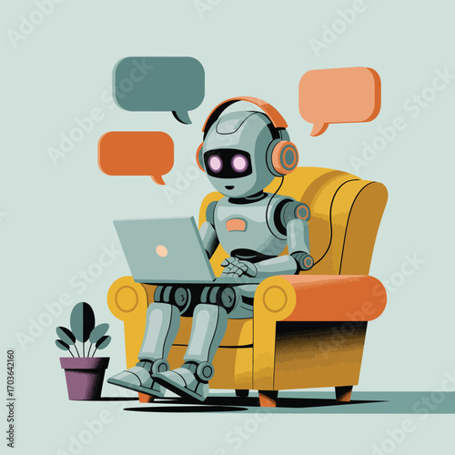 Robot with headphones sits in armchair using laptop with chat bubbles artificial intelligence