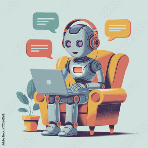 Robot with headphones sits in armchair using laptop with chat bubbles artificial intelligence