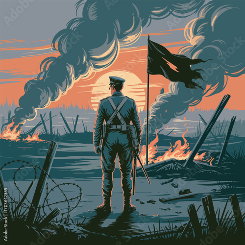 Soldier stands in war-torn landscape with burning fires and smoke battlefield destruction